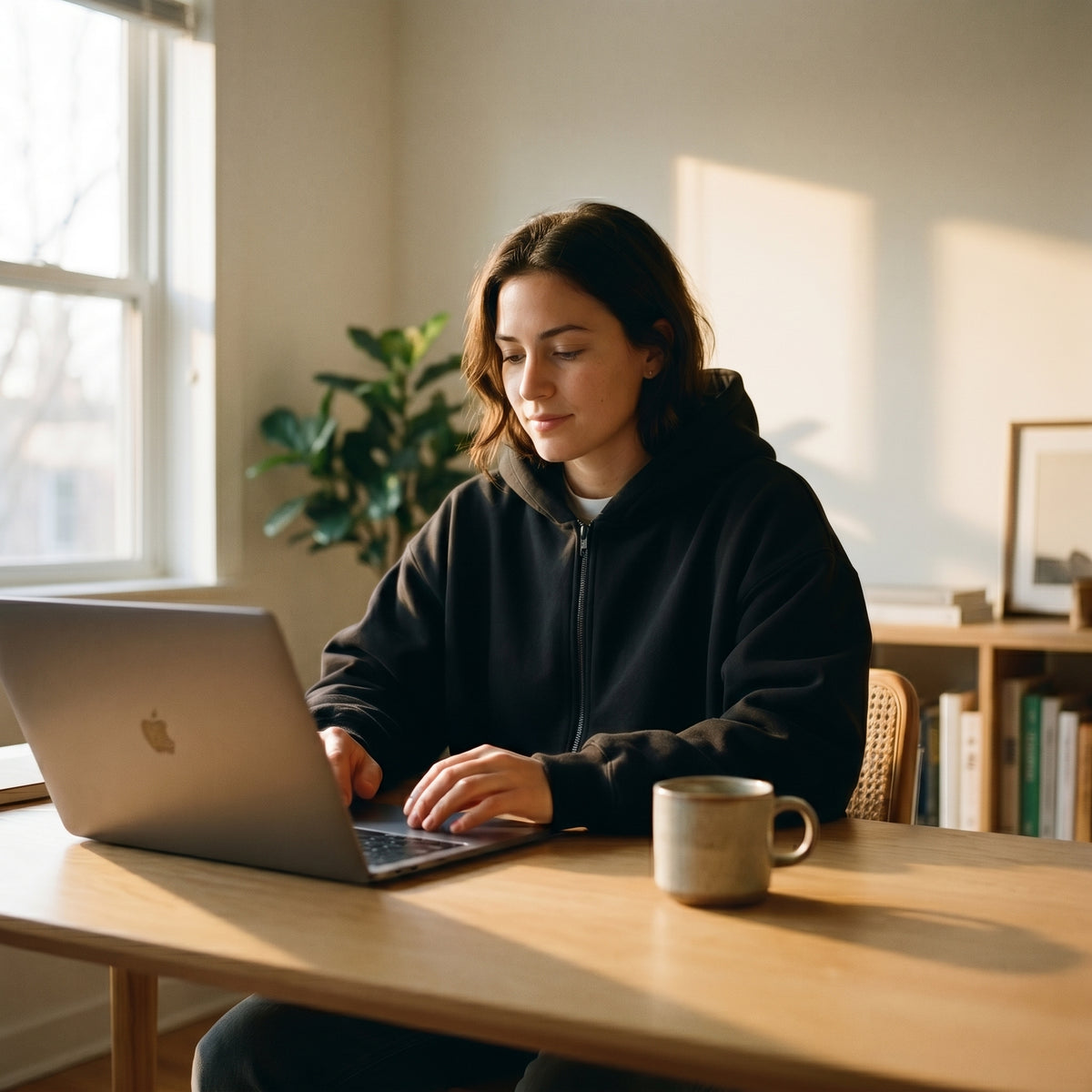 Kavva weighted hoodie worn at desk